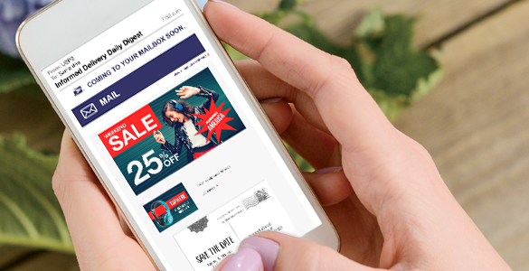 Image of a phone with an Informed Delivery marketing email open.