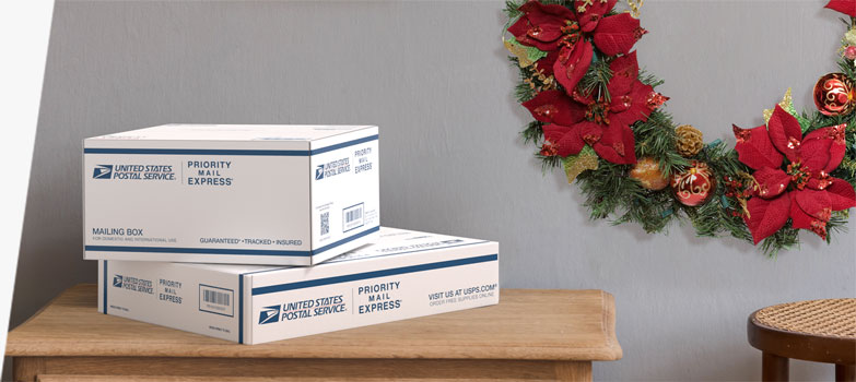 Priority Mail Express International® boxes ready for holiday shipping.
