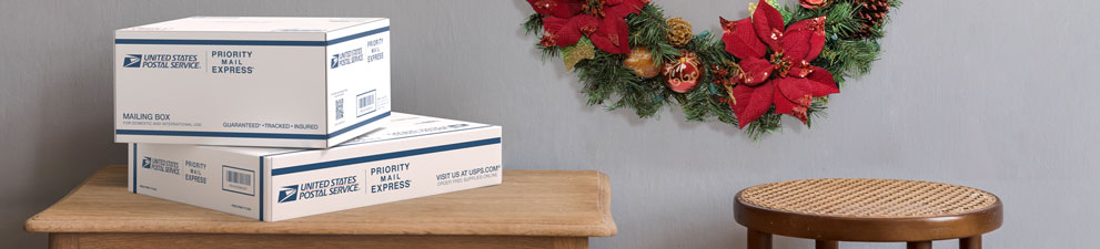 Priority Mail Express International® boxes ready for holiday shipping.